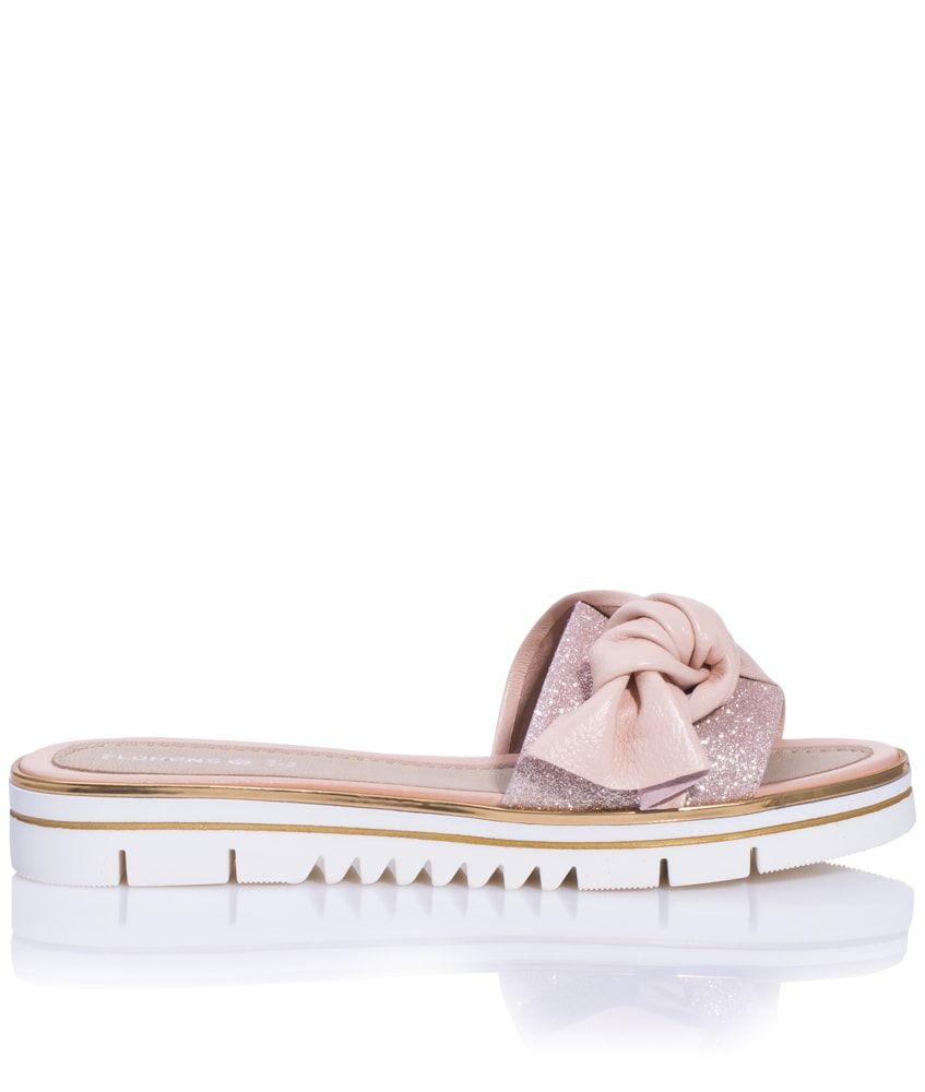 Florens Leder-Sandalen mit Glitzer und XL-Schleife in puderrosa